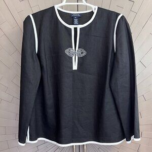 Jones New York Black White 100% Linen Top